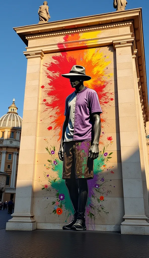 "On the imposing façade of St. Peter's Basilica, an art intervention in the style of Banksy unfolds on an ancient stone wall. in the center,  A human figure , dressed in a modern tunic and a wide-brimmed hat, is surrounded by a burst of vibrant acrylic col...