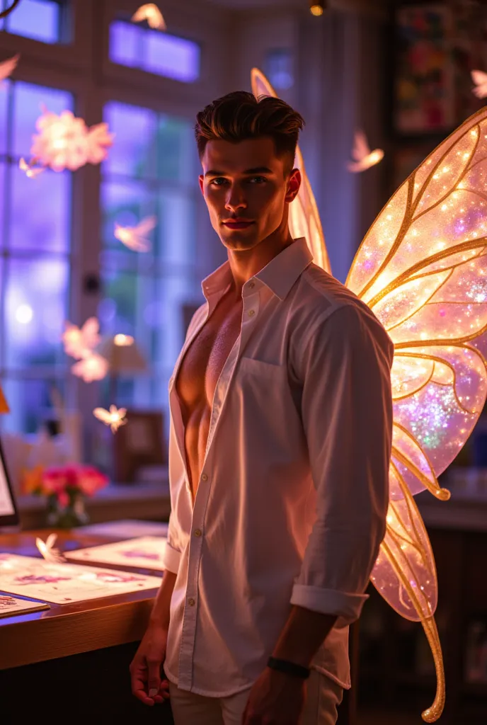 In a luxurious fairy event planning office, a tall, handsome, smiling muscular young man with clear visible face looking at viewer, stands amidst floating holograms of upcoming event designs. His high cheekbones and strong jawline are accentuated by the am...