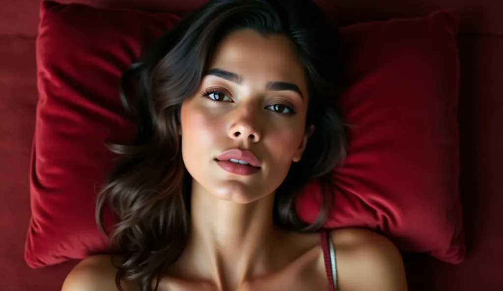 A perfect face portrait of a Latina brunette with beautiful lips and beautiful eyes sitting with her head resting on a red pillow. She is looking up at the camera. Camera shot from above