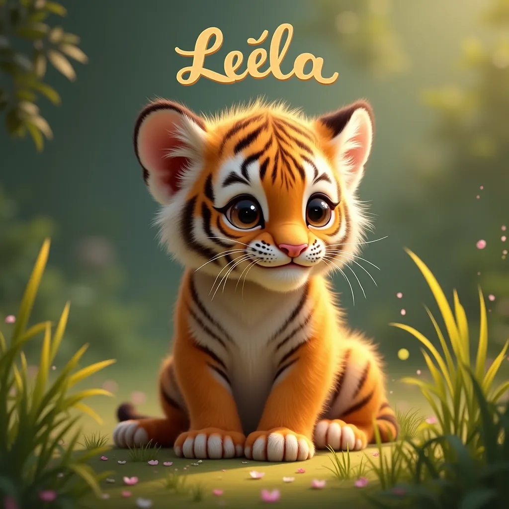 Create an image of a baby tiger with the first name Leïla 