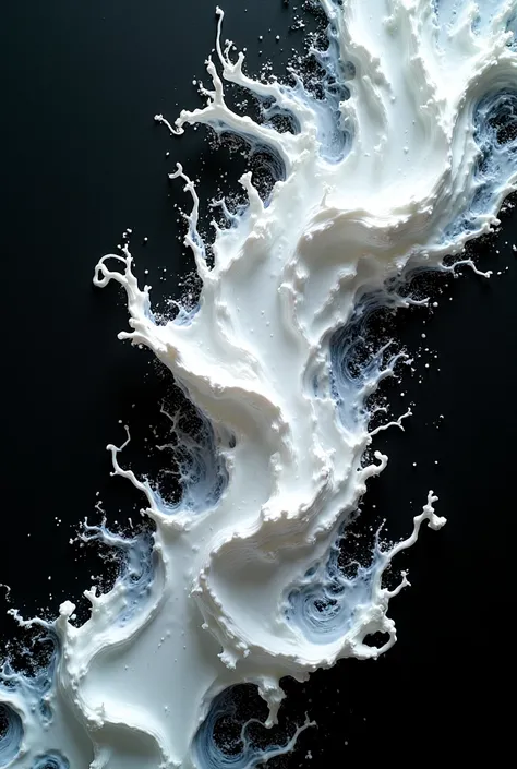 Abstract composition of white foam swirls on a dark, glossy surface. The foam creates fluid, artistic strokes, resembling expressive brush painting. The contrast between the bright white foam and the deep black background enhances the texture and depth of ...