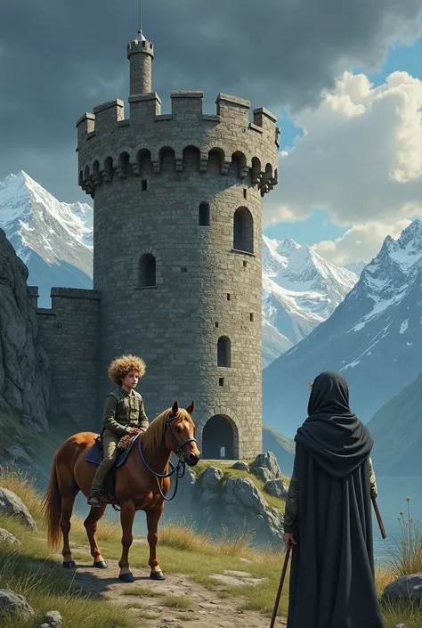 I draw with an old tower and in front of it is a curly, blond boy with blue eyes and you are holding his brown horse in your hand. There's a storm and another one on the left, In the sky , A hooded woman appears, Whose face cannot be seen. Inside the castl...