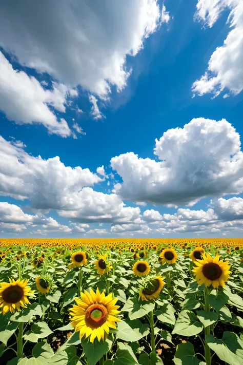 A field of sunflowers with an ultra realistic image, The blue sky with few clouds realistic image, image richness of details