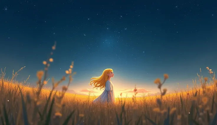 A field under a starry sky, with Luna standing in the center. Her golden hair flows gently in the wind, and her eyes reflect the calm and warmth of the moment. The sky is filled with stars, and a soft light emanates from above. The gentle glow of the stars...