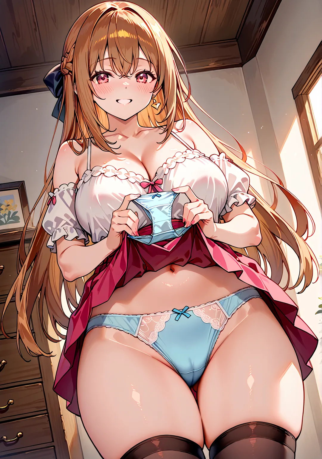 Beautiful Girl、Lizaリン・シュタウト、Liza、Ryza、blush、Lizaのアトリエ、Lizaのコスチューム、Grin、big breasts、big ass、thick thighs、black knee socks、chest of drawers、chest of drawersの引き出しが開いている、chest of drawersの中には下着、panties in hand、holding panties with both hands、steam from panties、...