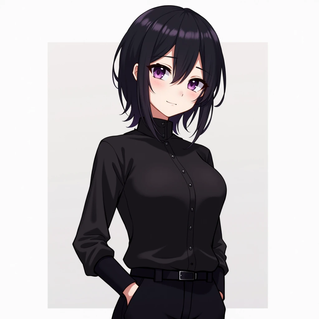  Adult, medium to high body type , eye color purple,  hair color black , the color of the eyebrows and eyelashes is black, anime, age 22 years, 182 centimeters tall, with a serious face, dressed in black pants and a black shirt