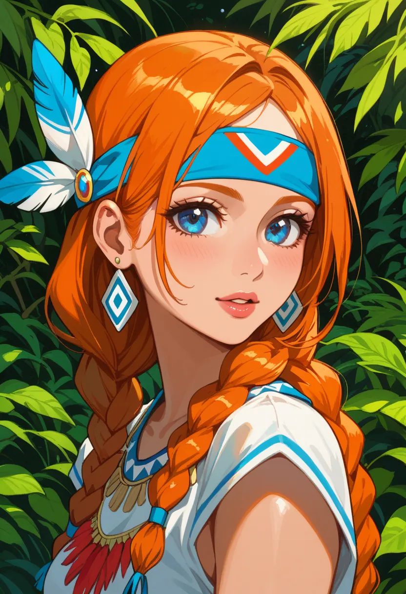 score_9, score_8_up, score_7_up,1girl, solo, bimbo,Orihime Inoue, \(artist\, @doughroomn, braided hair, orange hair, blue eyes, native american outfit, outside, blue eyes,headband,light skin, native american