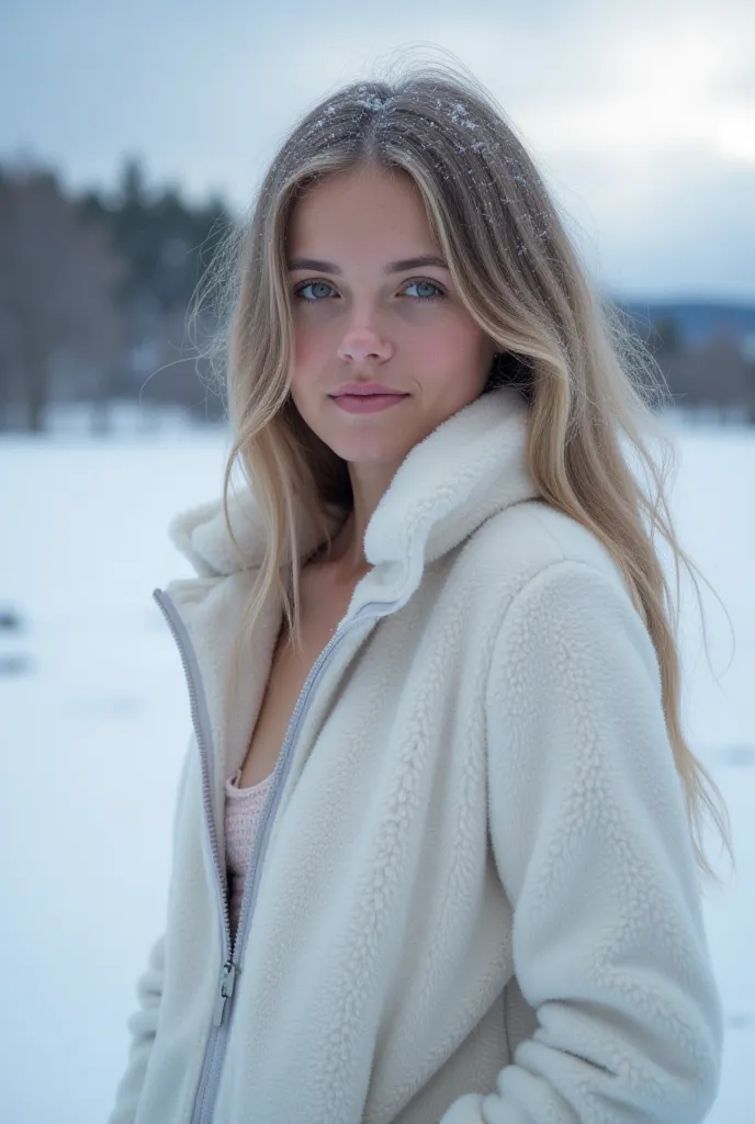 Snow-white Slovak girl with Slavic features wears a bodysuit And Fleece jacket with an opening on the chest her skin shows signs of cold she is in a cloudy area with very low temperature, She is photographed without realizing it, the image has a cold chari...