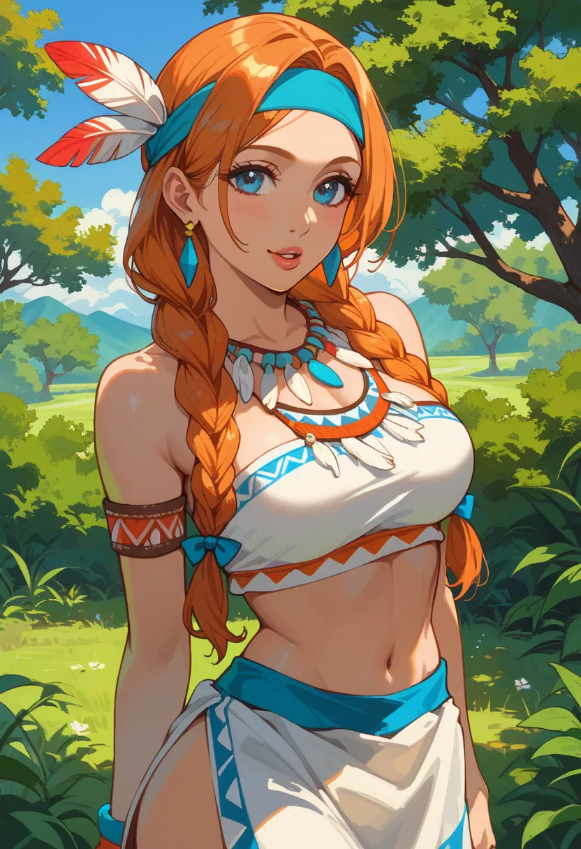 score_9, score_8_up, score_7_up,1girl, solo, bimbo,Orihime Inoue, \(artist\, @doughroomn, braided hair, orange hair, blue eyes, native american outfit, outside, blue eyes,headband,light skin, native american