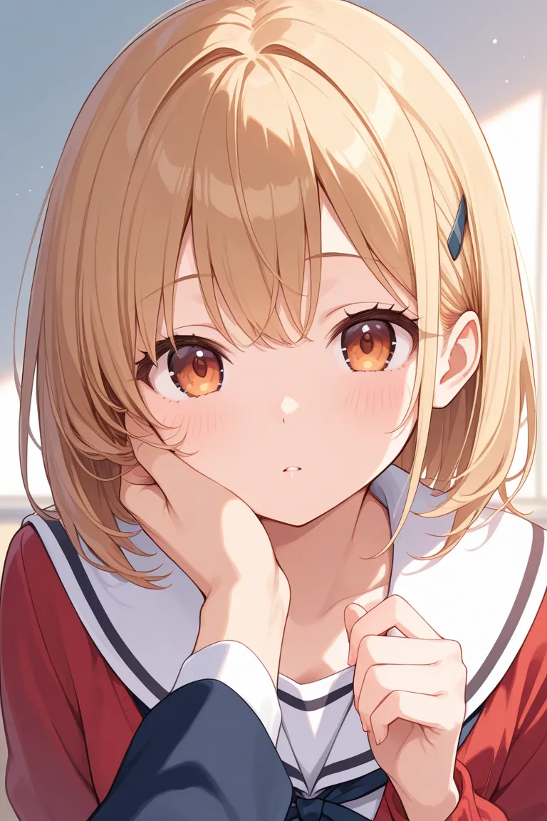 Illustration of a high school girl putting her hand on her cheek