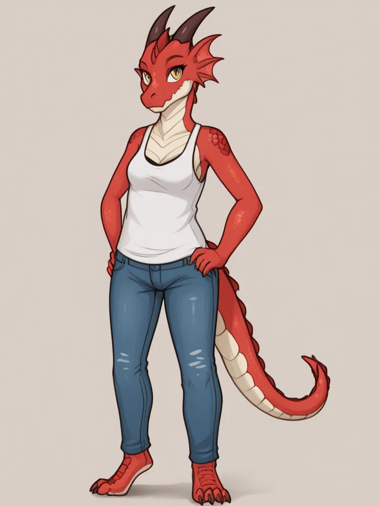 anthropomorphic dragon, red scales, white scales coming down his forehead, hourglass figure,  wearing, tank top teal,  jeans shorts, standing,  barefoot, full body, white background, solo