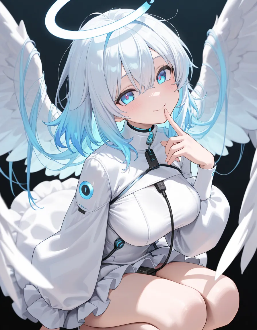 (Best quality, 4k, 8k, high resolution, masterpiece:1.2),1 girl,delightful,Smile lightly、head tilt,(squatting),(white puffy dress), (USB cables incorpated in outfit design), angel wings, cyber halo, beautiful,cowboy shot, (finger to mouth),(hair flowing ov...