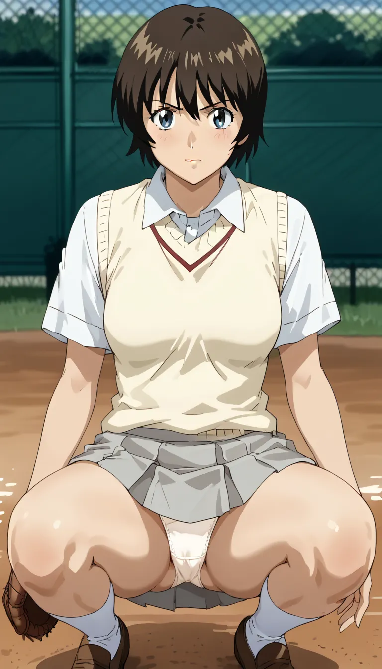 score_9, score_8_up, score_7_up, source_anime,
BREAK rating_explicit, absurdres, masterpiece,
shimizu kaoru, short hair, short-shaggy hair, dark brown hair, blue eyes, medium breasts,
School uniform, white sweater vest, white skirt, short sleeves, gray ski...