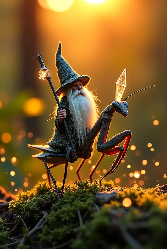 Macro10 photograph of a miniature wizard with a long beard and a robe of lichen, riding a praying mantis. The wizard holds a crystal-tipped staff that glows faintly. The mantis stands tall on a branch, surrounded by floating pollen particles catching the w...