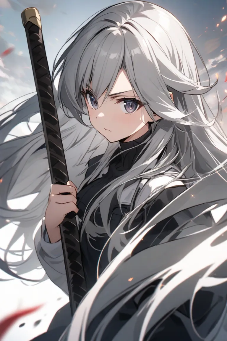 Pretty girl with dark eyes and gray hair holding an anime-style long-haired sword