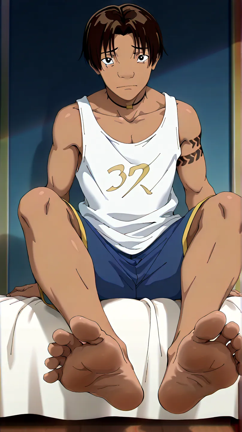 score_9, score_8_up,source_anime, adult version
1boy, alone, (score_9, score_8_up, score_7_up), 1boy, DavidKawenaLSXL, dark skin, black eyes, brown hair, short hair, parted bangs, tattoo, pectorals, white tank top, blue shorts, looking at viewer, official ...