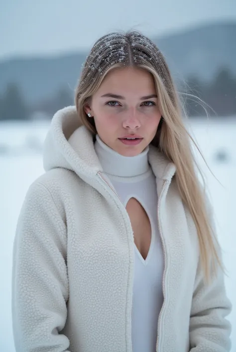 Snow-white Slovak girl with Slavic features wears a bodysuit And Fleece jacket with an opening on the chest her skin shows signs of cold she is in a cloudy area with very low temperature, She is photographed without realizing it, the image has a cold chari...