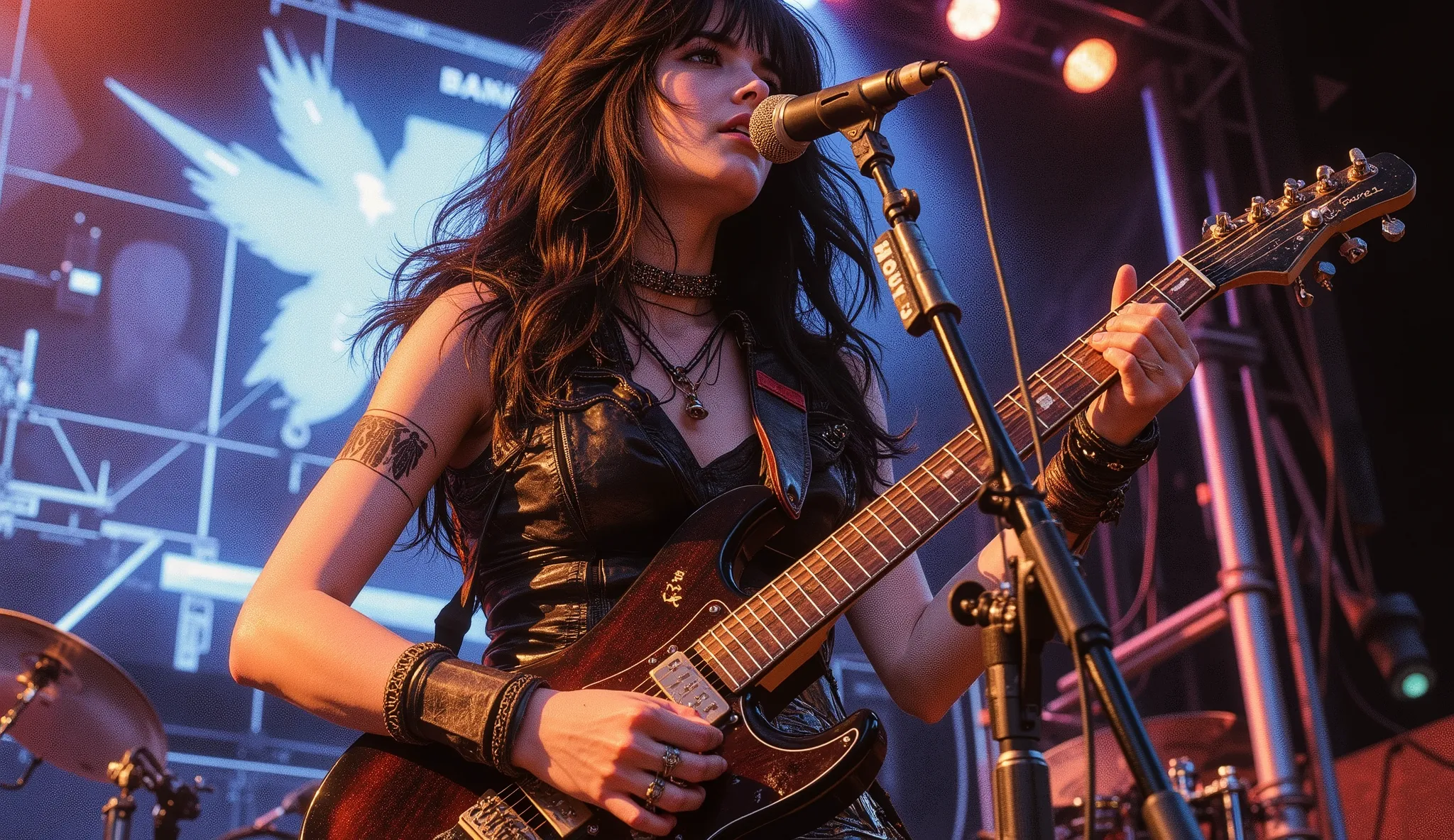  girl, seventeen years old, Asian, with long black hair and brown eyes, wearing daring clothes with an electric guitar, performs on stage