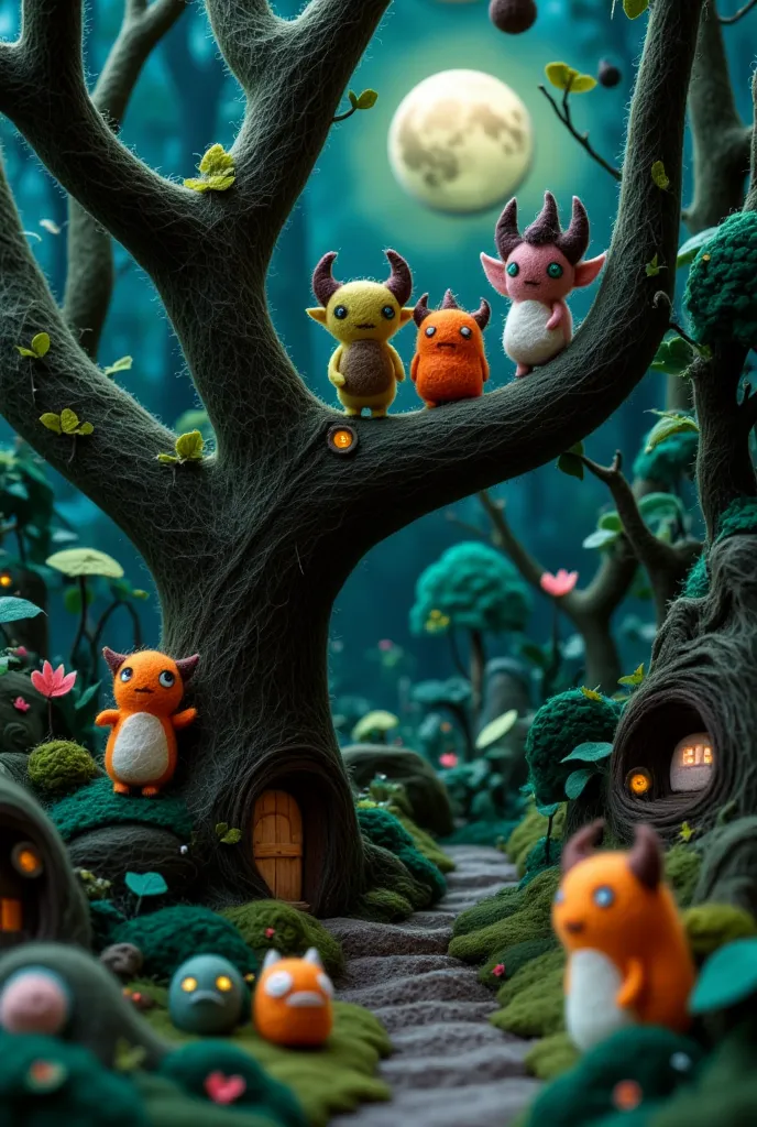 wide shot, low angle view, darkness, dark forest of majestic gnarled leafy wool felt trees, wool felt rocks, lots of wool felt foliage, a group of small wool felt forest monster dolls are watching something below them off-screen, glowing eyes, creepy cute,...