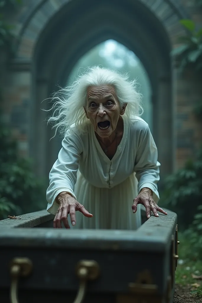 An old woman in her 90s with very wrinkled skin, who can see the image, big white hair, who wears a white mortoria robe, that she is getting up from a box that was going to be buried, she can see the vaults of a cemetery and that she is screaming in terror...