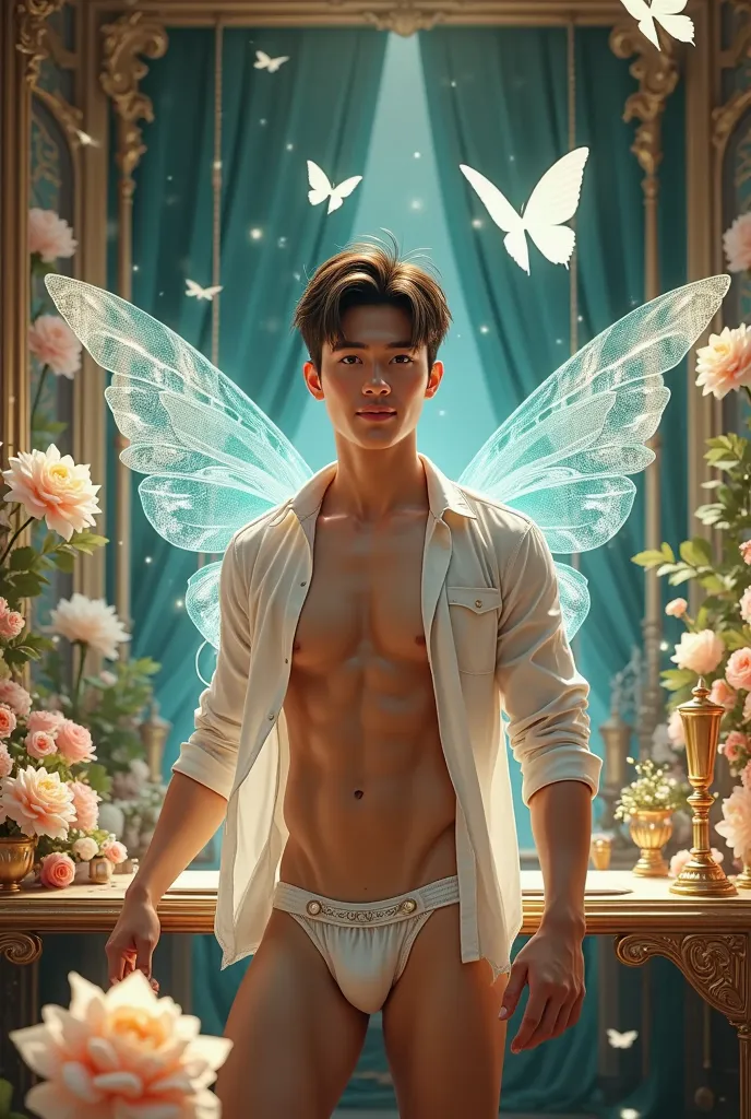 Medium shot portrait, a luxurious fairy event planning office, a tall, handsome, smiling muscular young man with clear visible face looking at viewer, stands amidst floating holograms of upcoming event designs. His high cheekbones and strong jawline are ac...