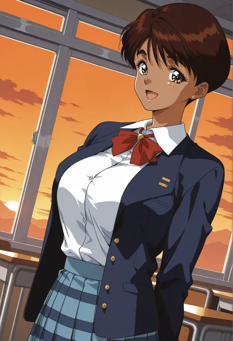 SR5_Mizuki,  retro art, masterpiece, best quality,  general ,  1girl , Alone, 
dark skin, dark-skinned female, thick eyebrows, brown eyes, brown hair, short hair, school uniform, red bowtie, blazer, long sleeves, blue jacket, open jacket, white shirt, coll...