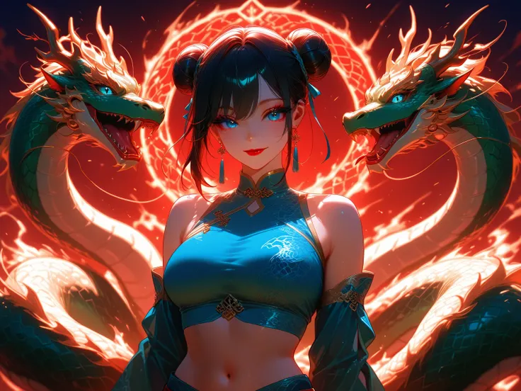 1 girl, she has a dragons snakes, breasts, black_hair, blue_eyes, red_lips, navel, chinese_clothes, earrings, jewelry, hair_bun, smile, looking_at_viewer, queens of dragons, fantasy world, fire from dragons, fit and sensual body, she is a dragon tamer, com...