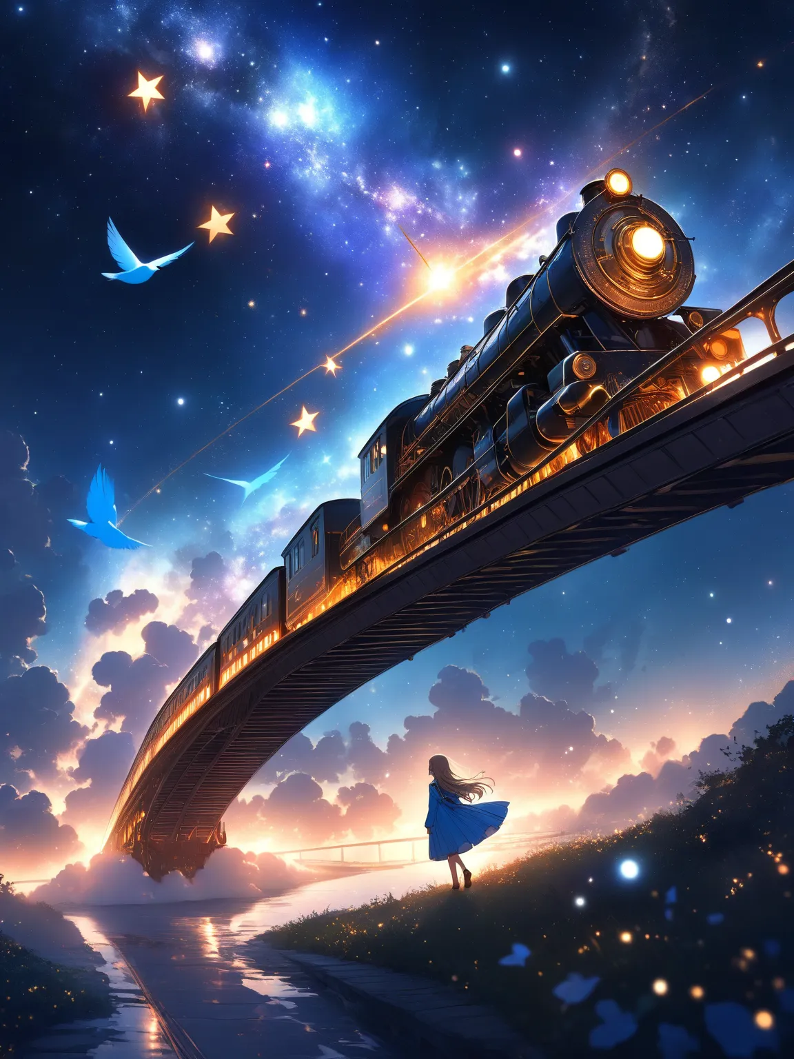 A steam train passes through darkness into an infinite universe where dreams are scattered, a bridge of stars, and Yukohi is like a traveler looking for happiness and will continue walking until they meet the star of hope, and I'm sure someday you too will...