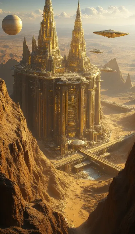 A futuristic golden city rises from the desert, built into the cliffs of an ancient crater. Its structures, shaped like towering spires of glass and metal, emit a faint yellow glow, powered by energy harnessed from the planet’s magnetic core. Hovering brid...