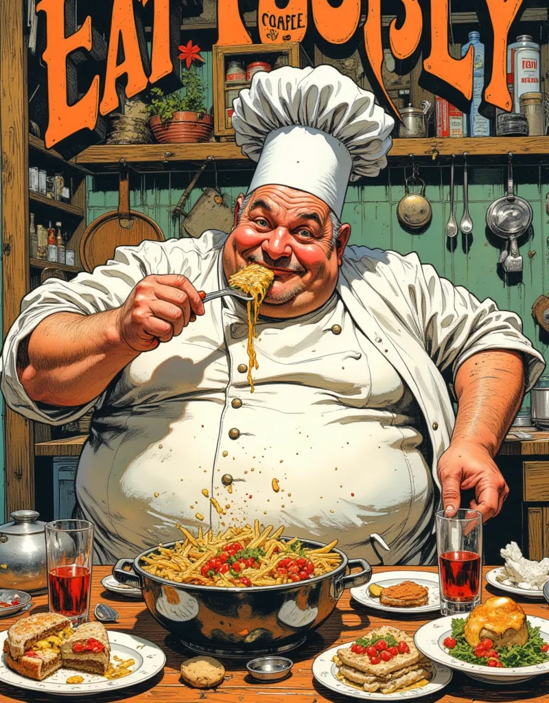 Create an illustrated book cover, With a man dressed as a cook and a chef's hat funny fat comedian eating with the title Eat Poorly and Die Happy Fun