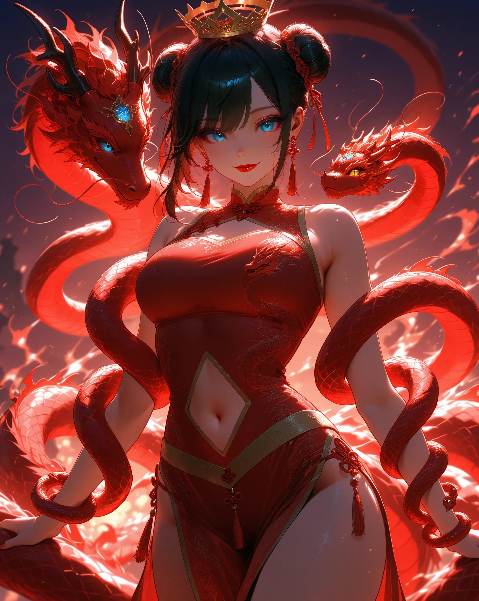 1 girl, she has a dragons snakes, breasts, black_hair, blue_eyes, red_lips, navel, chinese_clothes, earrings, jewelry, hair_bun, smile, looking_at_viewer, queens of dragons, fantasy world, fire from dragons, fit and sensual body, she is a dragon tamer, com...