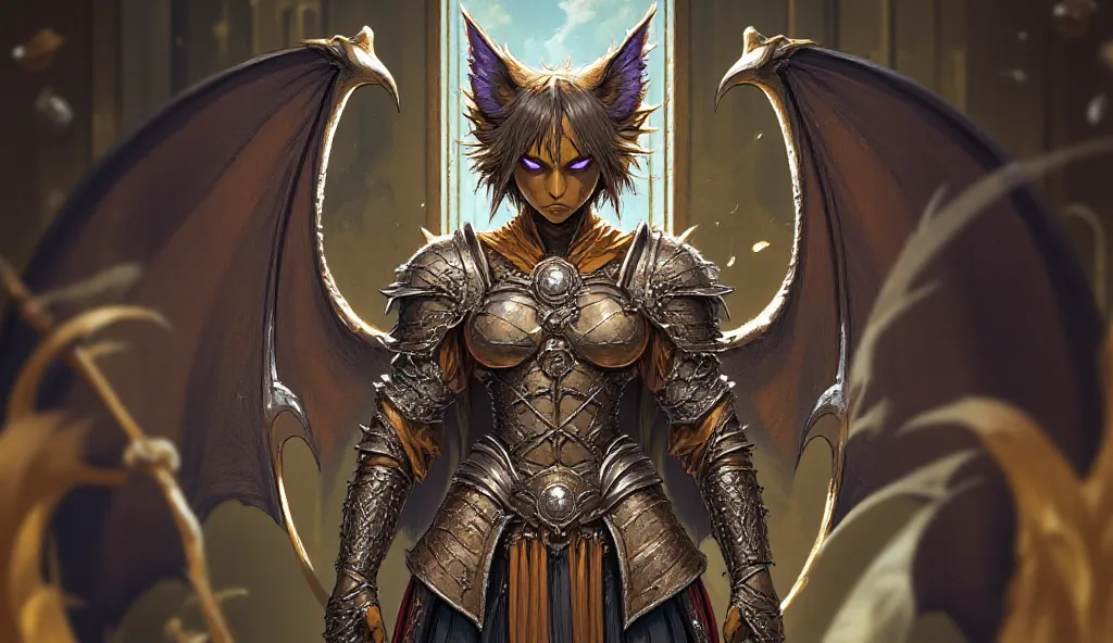 Create a fantasy medieval tavern background with lots of details and bright ilumination, where there will be a bat-like woman making her registration. This character is a fierce furry werebat woman based on the image above of my character, without straying...