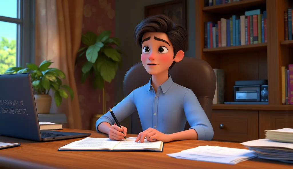 The young 20-year-old boy sitting at his desk, organizing papers and writing down goals in a notebook.