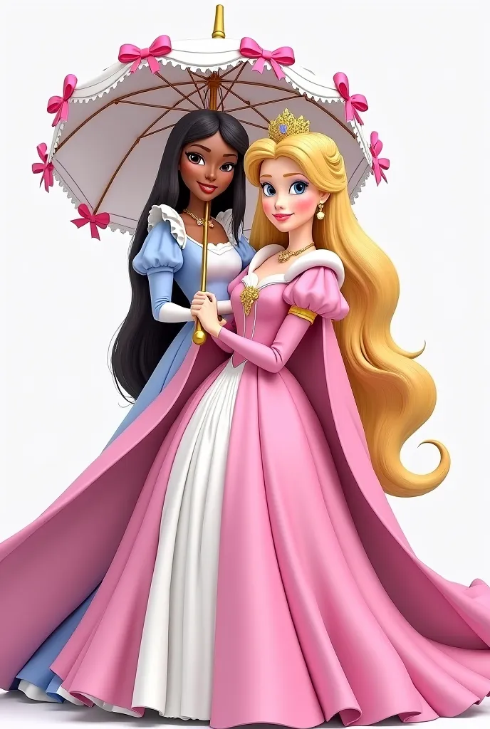 realistic photo of princess and maid: a princess with blonde hair and blue eyes wearing white gown with pink robes and pink long slik cape. she is holding a white umbrella with pink bows. she have a maid servant with black skin and wearing maid outfit hold...