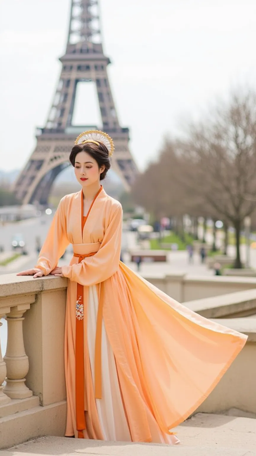  photos, orange color, Hanfu、Chinese clothing , 1 girl, solo, cute, looks at one woman, smiles,The background is the Eiffel Tower  ,Avenue des Champs-Élysées、High Resolution, masterpiece, anatomically correct, highest quality, 