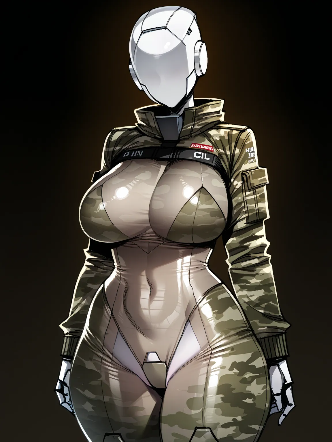 ((ratatatat74)), ((1 girl)), ((solo)), (tall), ((robot girl)), Seductive Expression, Quality_masterpiece, Anatomically correct, Detailed skin, Curvy, Voluptuous, Wide hips, Thick thighs, camouflage skin, ((robot head)), no_eyes, no_lips, no_mouth, no_hair,...