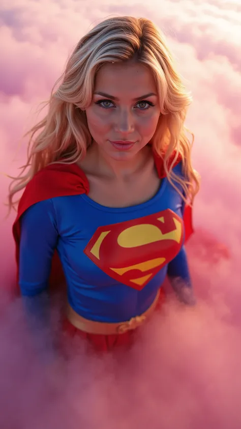 High angle fisheye Close-up of a busty supergirl, a young woman in a 1980s Supergirl costume ((20years old with large breasts; Supergirl 1980s costume; glued to the body; beautiful and elegant; huge cleavage ; blonde hair with some white strands))) and pie...