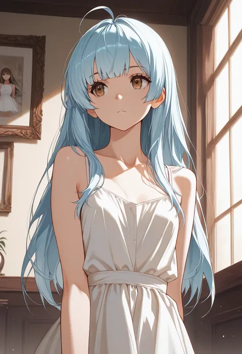 masterpiece, best quality, 8k, score_9, anime style,  woman, solo, light blue long hair, hair bangs, ahoge, brown eyes, small breast. white dress, full clothed, indoors, EyesHD, Detailed Eyes, thin body, 