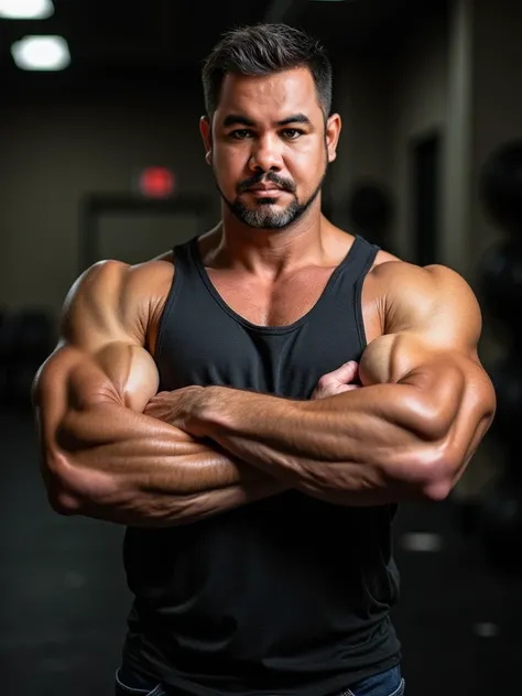 A strong, muscular man with a well-defined, imposing physique. He stands with a confident posture, arms crossed over his chest or holding a heavy weight. His expression is serious and determined, conveying strength and power. The lighting highlights the co...