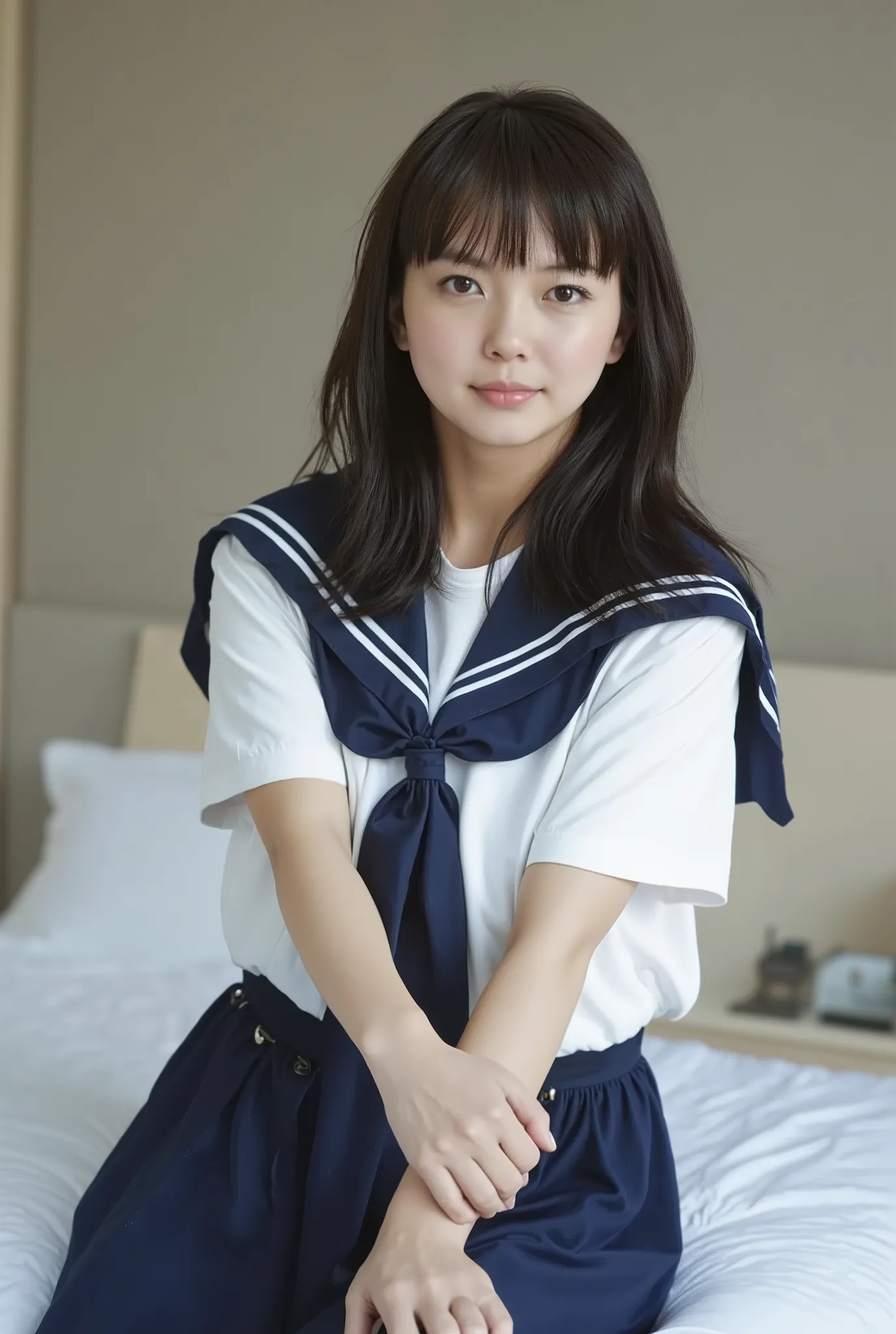 (Masterpiece, Best quality:1.4), (Ultra realistic, Photo-realistic:1.3), (Wearing Sailor suit, White short sleeve:1.2), (Dark navy skirt:1.2), (Wearing white sock), (Short wavy hair:1.1), Natural light, 28 years old actor, Japanese woman, Neat and clean, B...