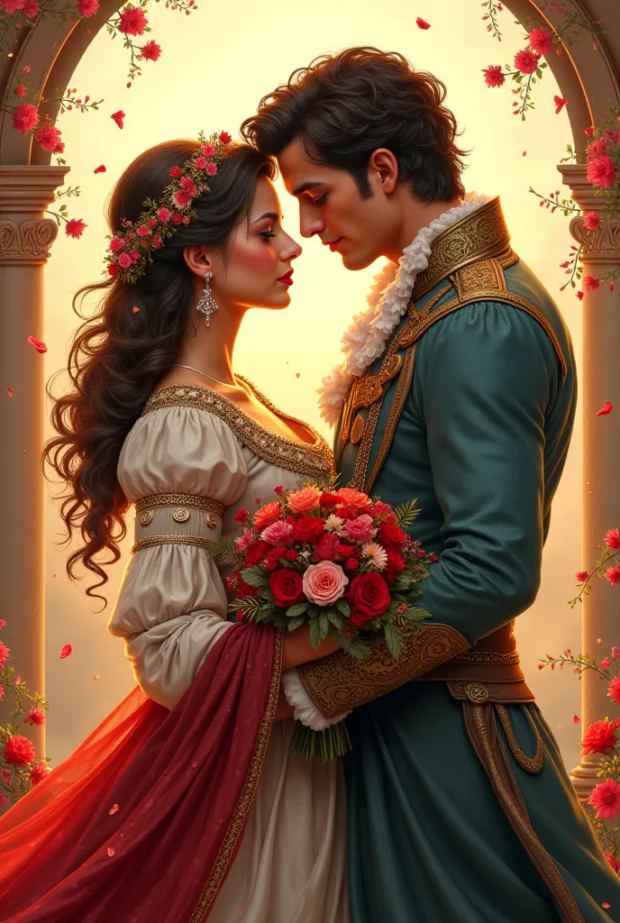 a man and woman dressed in medieval clothing are embracing each other and holding flowers in their hands and a bouquet of flowers in their hand, Altoon Sultan, romanticism, beautiful detailed, a storybook illustration