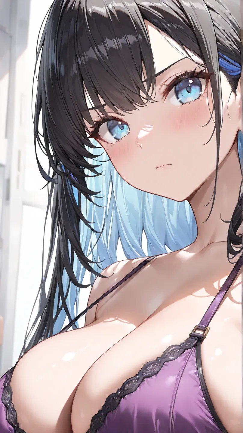 portrait, nsfw, cute girl,  black hair,blue inner hair,long hair,light blue eyes,Perfect Smooth Skin,viewers, Big Breasts,  (highest quality,4K,8k,High Resolution,masterpiece:1.2),超High Resolution, complicated details,  purple underwear,serious