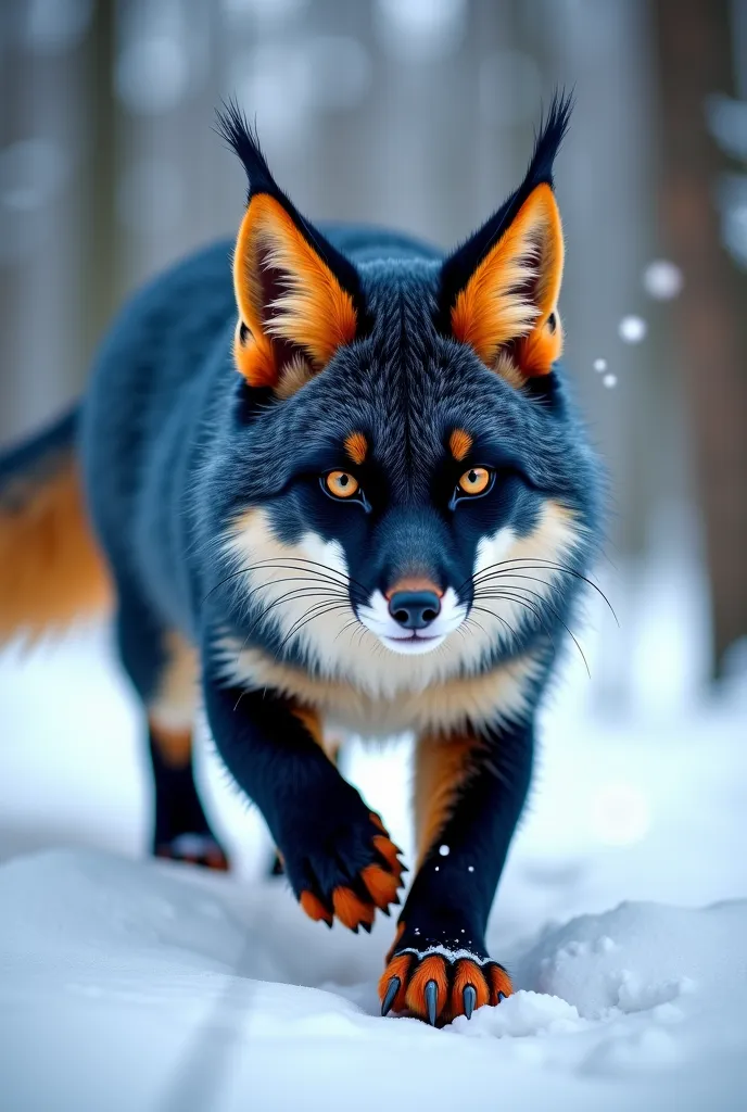 fox lynx hybrid with colors blue black and white and orange details
