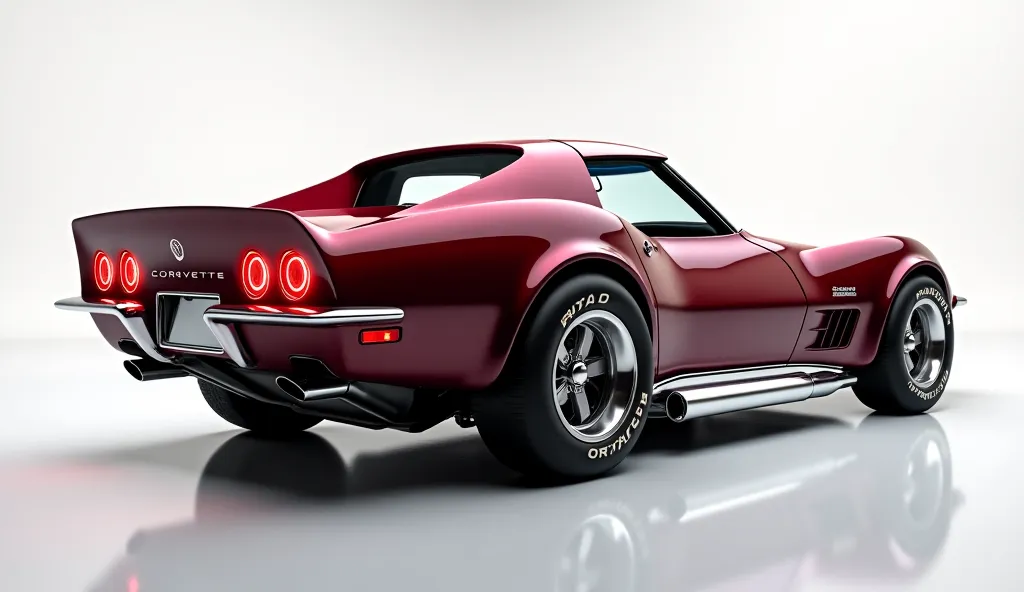 Back side  view 1970 Chevrolet Corvette C9 Super Sport with a Maroon circular  Back, side aggressive muscle car stance, and futuristic elements. The car should have dual exhaust pipes, LED taillights, and a sleek metallic paint finish. Maintain the classic...