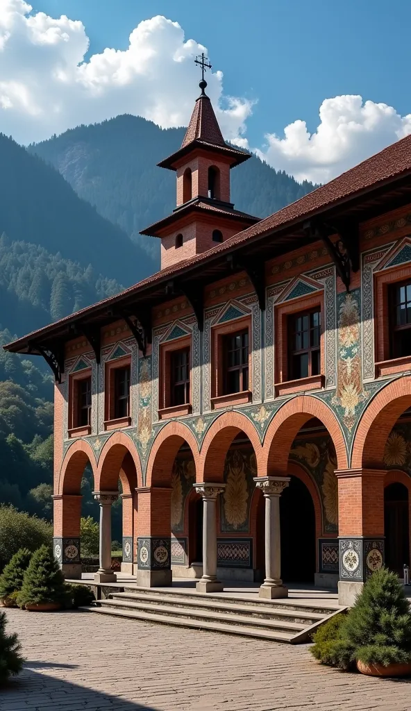 Hgraphic elements, Dynamic Light, Cinematics, HDR, UHD, professional PHOTOGRAPH OF:”
 Majestic Rila Monastery Exterior
"Generate a breathtaking image of the Rila Monastery’s exterior, showcasing its colorful frescoes and distinctive architecture. Include t...