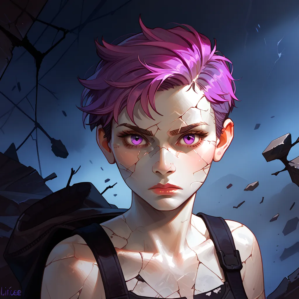 a woman with broken face that is painted badly cracked, cracks across face and upper body, solo, cracked skin, cracks, glowing purple eyes, realistic, looking at viewer, short pixie cut, lilac hair, white, pale white skin, sad, like a cracked porcelain dol...