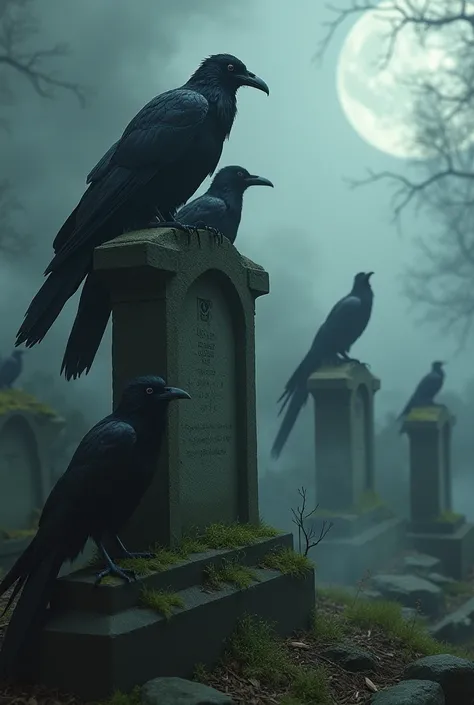  Seven black crows on top of a grave, ancient cemetery, dense dark smoke, dark, Realistic image