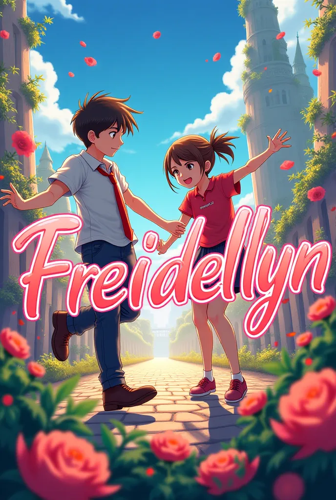 name *Freidellyn* with running letters, And make it a really cool background with a boy and a girl dancing anime-style in the background 