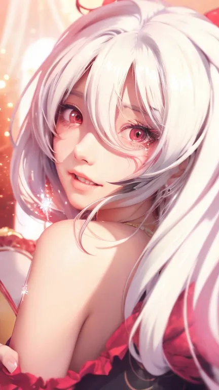 Beautiful girl with long flowing white hair, Red eyes sparkling, Her expression is a mix of surprise and embarrassment, Mouth slightly open, She wears a stylish outfit with golden and red accents, possibly inspired by fantasy or historical themes, The back...