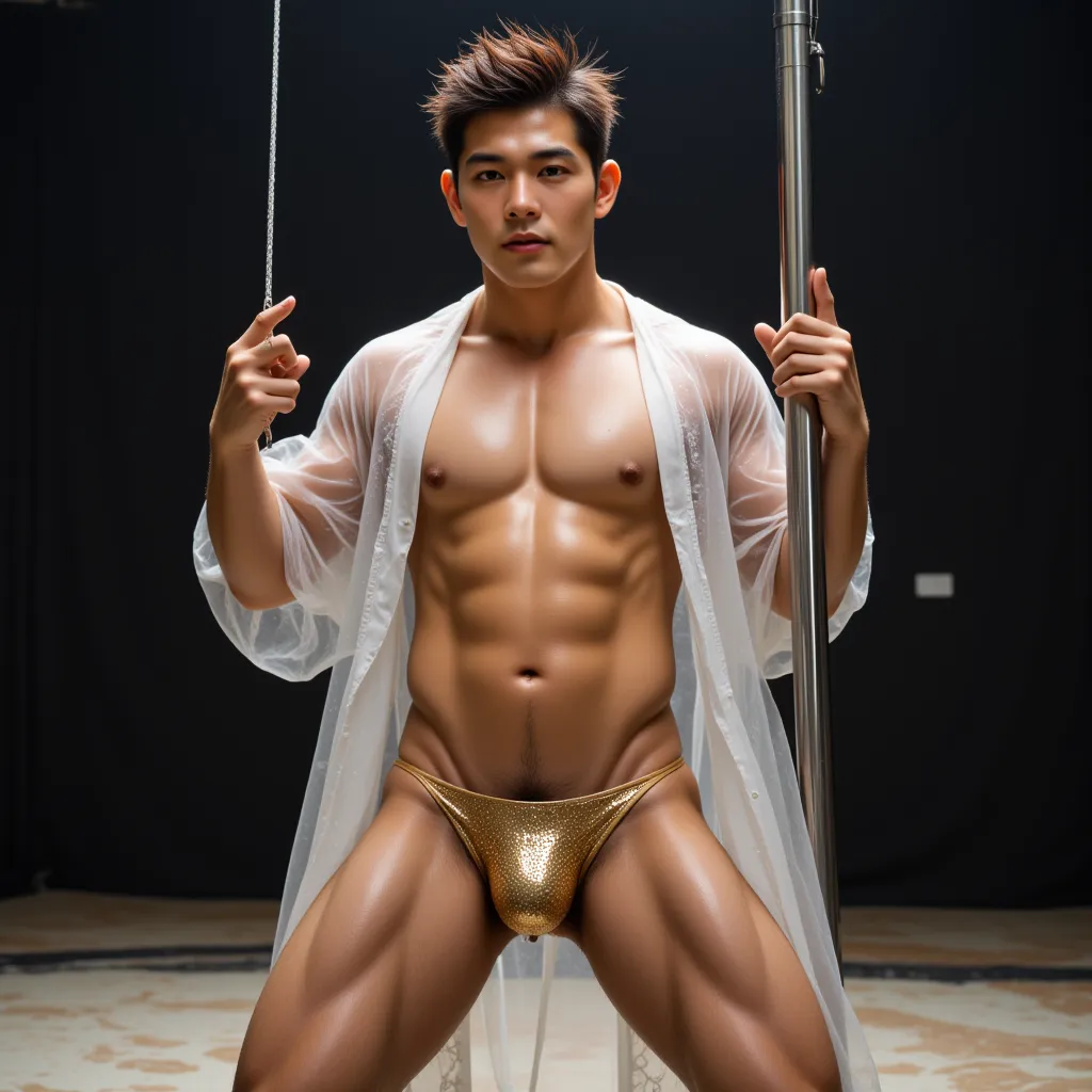  surreal, photos,super high quality,A muscular, wild, handsome, and fearless age Japanese man wearing a white coat that is naked and extremely transparent, extremely transparent, and extremely transparent, extremely transparent, and extremely sheer gold T-...